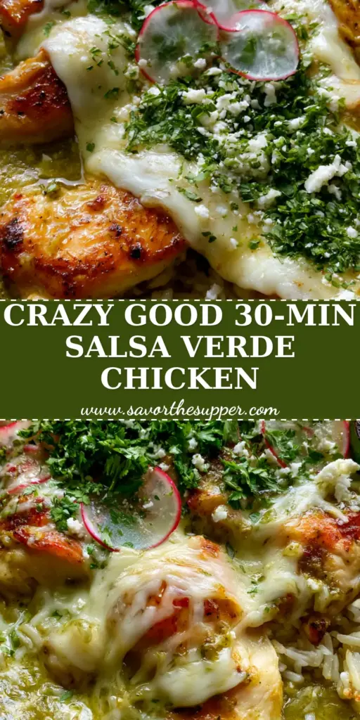 Salsa Verde Chicken & Rice Skillet: A Zesty One-Pan Masterpiece 4 A top-down view of a Salsa Verde Chicken & Rice Skillet with melted Monterey Jack cheese, radishes, and charred limes in a cast iron pan.