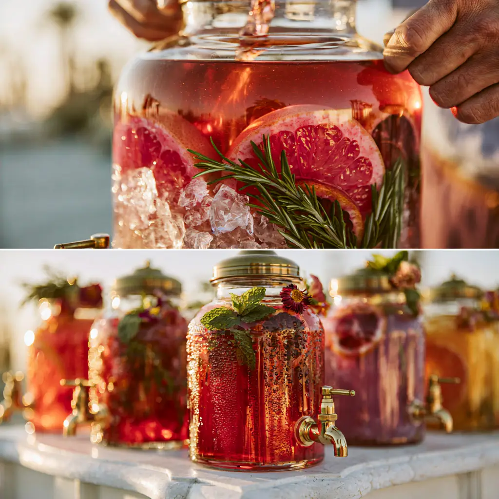 Outdoor Wedding Drinks: Elegant Ruby Hibiscus and Citrus Sparkler 1 A full DIY beverage station with brass spigots and fresh mint garnishes for outdoor wedding drinks.