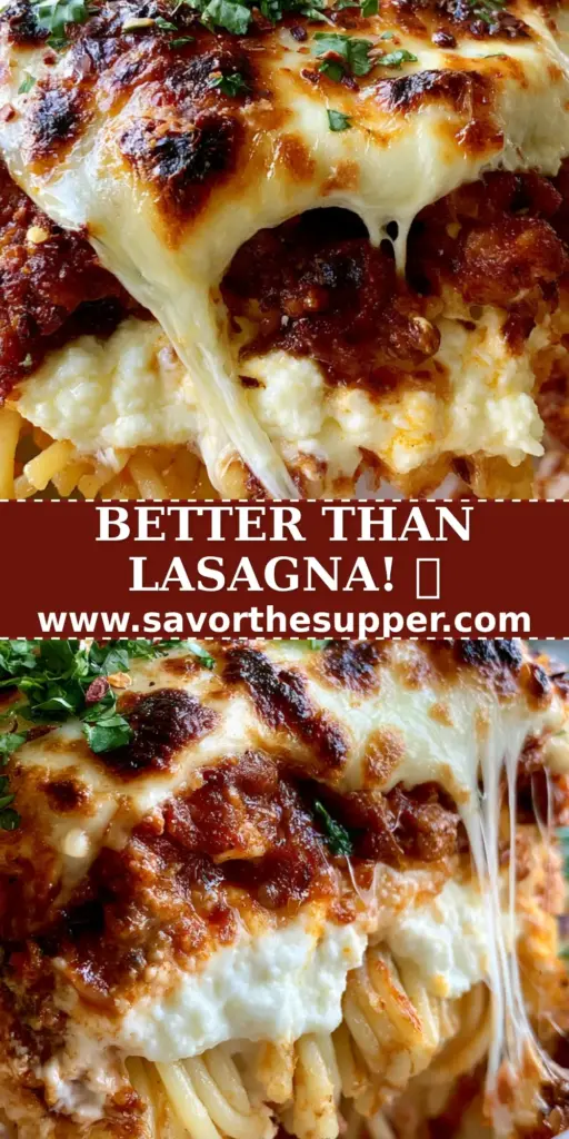 A large scoop of Million dollar spaghetti being lifted from a white porcelain dish, showing layers of pasta, white cheese, and red meat sauce with a long cheese pull.
