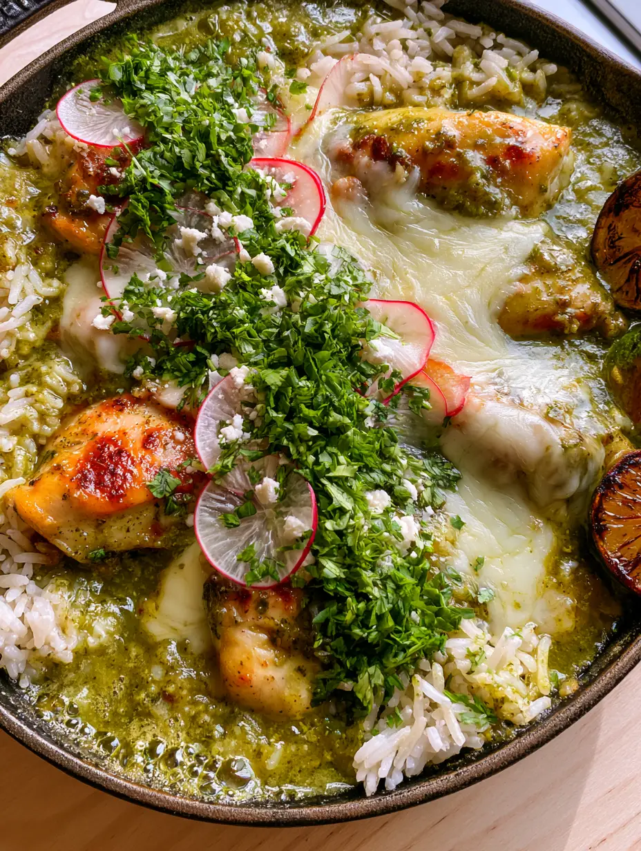 Salsa Verde Chicken & Rice Skillet: A Zesty One-Pan Masterpiece 3 Close-up of golden-brown chicken and fluffy rice drenched in green salsa with bubbling cheese in a skillet. (Salsa Verde Chicken & Rice Skillet)