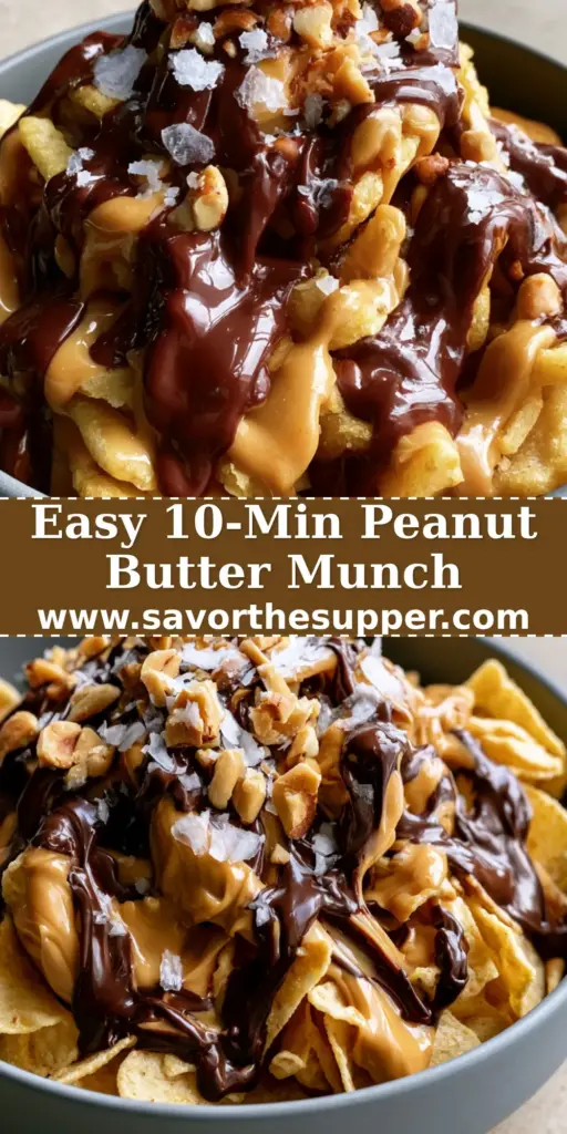 A top-down view of Peanut Butter Chocolate Frito Munch in a grey bowl with thick chocolate ribbons and sea salt.