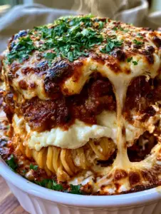 Extreme close up side view of baked spaghetti with distinct layers of spaghetti, cream cheese ricotta, and chunky bolognese. (Million dollar spaghetti)