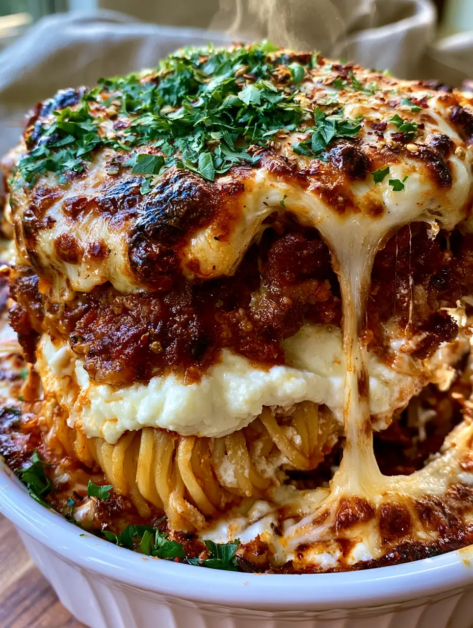 Extreme close up side view of baked spaghetti with distinct layers of spaghetti, cream cheese ricotta, and chunky bolognese. (Million dollar spaghetti)