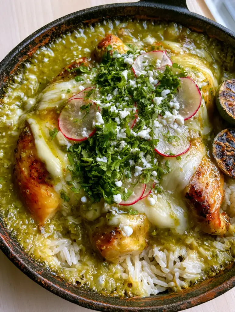 Salsa Verde Chicken & Rice Skillet: A Zesty One-Pan Masterpiece 1 Salsa Verde Chicken & Rice Skillet garnished with cilantro, radishes, and cotija cheese in a rustic black skillet.