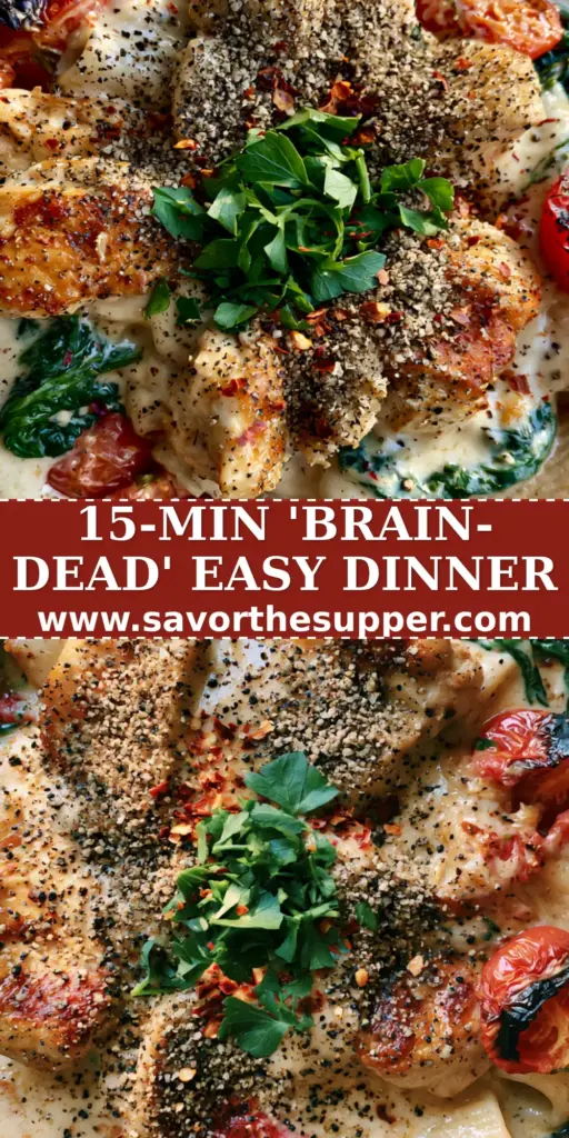 Easy Dinner Ideas: Creamy Tuscan Garlic Chicken Rigatoni with Blistered Tomatoes 4 A top-down view of a cast iron skillet containing creamy Tuscan garlic chicken rigatoni with blistered tomatoes and spinach. (easy dinner ideas)