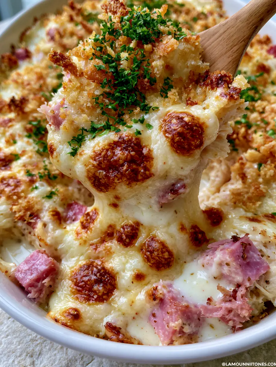 Chicken Cordon Bleu Recipe: The Ultimate Creamy Casserole with a Crispy Panko Crust 3 Extreme close-up of shredded chicken, pink ham cubes, and bubbling Swiss cheese in a white ceramic dish. (Chicken Cordon Bleu recipe)