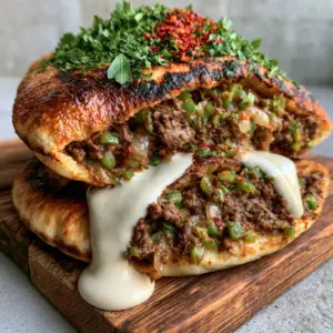 Macro shot of Egyptian Hawawshi showing the juicy beef interior and charred pita grill marks. (Egyptian Hawawshi)