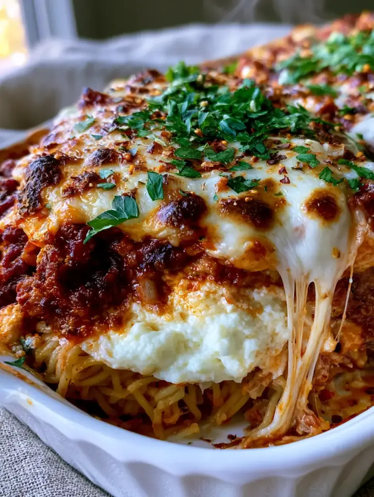 Close up of molten mozzarella and toasted parmesan cheese bubbles with parsley garnish on a Million dollar spaghetti.