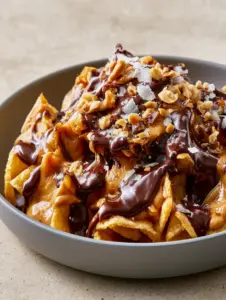 Close-up smartphone photo of Peanut Butter Chocolate Frito Munch showing glossy dark chocolate and creamy peanut butter drizzles on golden chips.