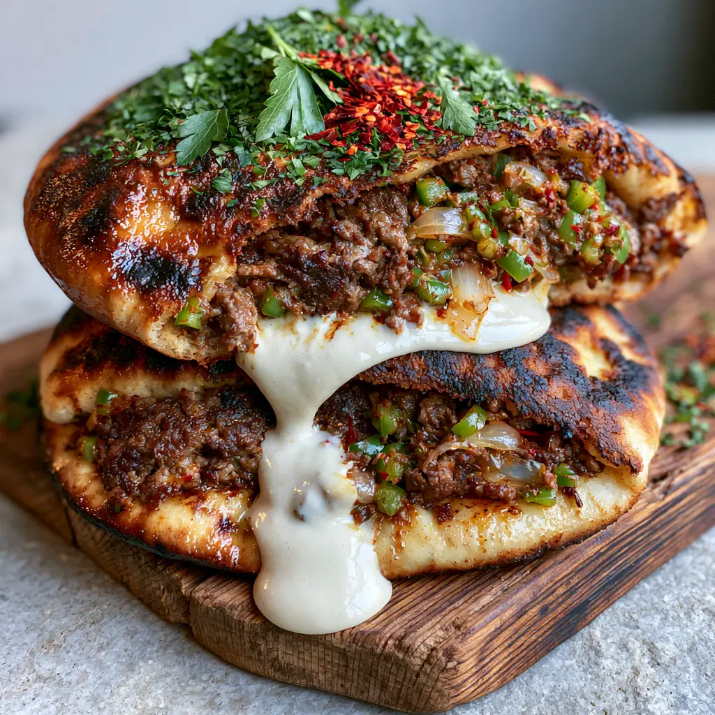 Egyptian Hawawshi: The Ultimate Crispy Meat-Stuffed Pita Recipe 1 Eye-level view of sliced Egyptian Hawawshi on a stone background with parsley garnish.