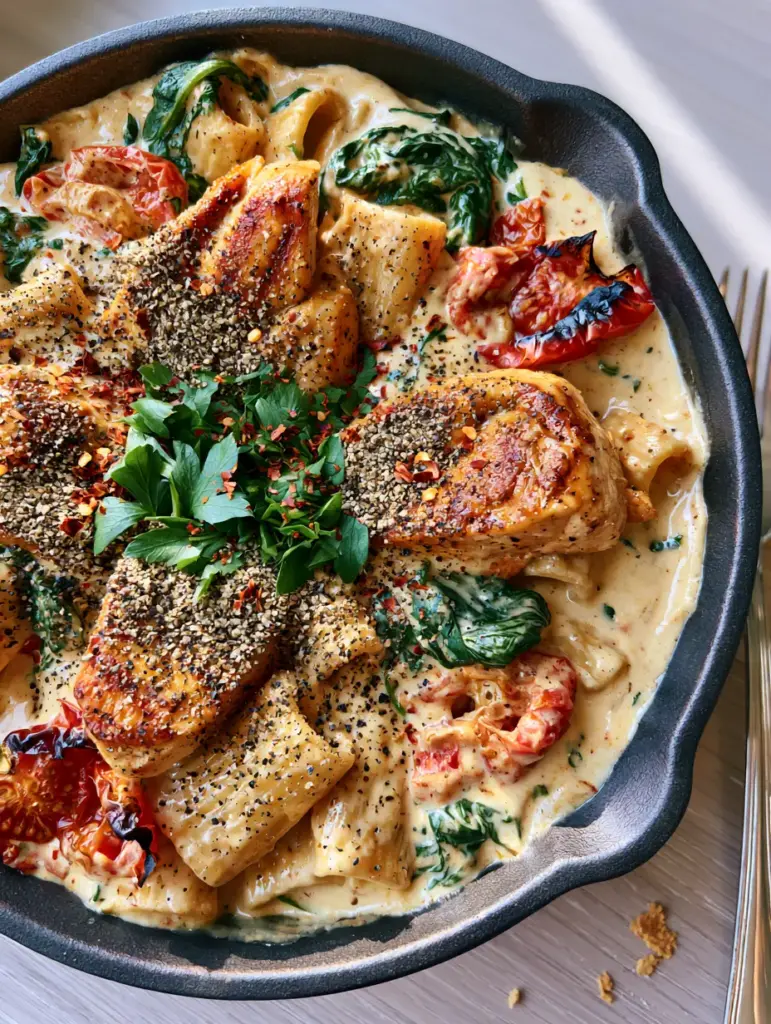 Easy Dinner Ideas: Creamy Tuscan Garlic Chicken Rigatoni with Blistered Tomatoes 2 Rustic matte black cast iron skillet with seared golden chicken slices, rigatoni, and a thick parmesan cream sauce. (easy dinner ideas)