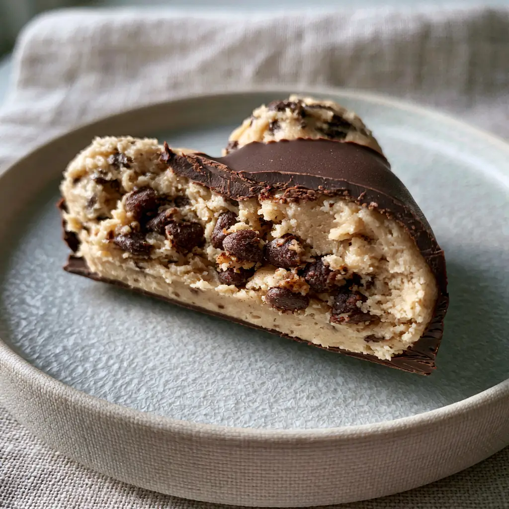 Chocolate Covered Cookie Dough Hearts: The Ultimate No-Bake Dessert 2 A close-up handheld smartphone photo of a heart-shaped chocolate-covered cookie dough bite sliced in half showing the creamy beige filling and mini chips. (chocolate covered cookie dough hearts)