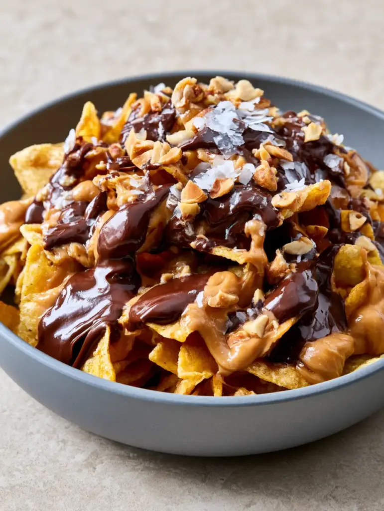 A handheld shot of Peanut Butter Chocolate Frito Munch in a matte ceramic bowl against a neutral concrete background.