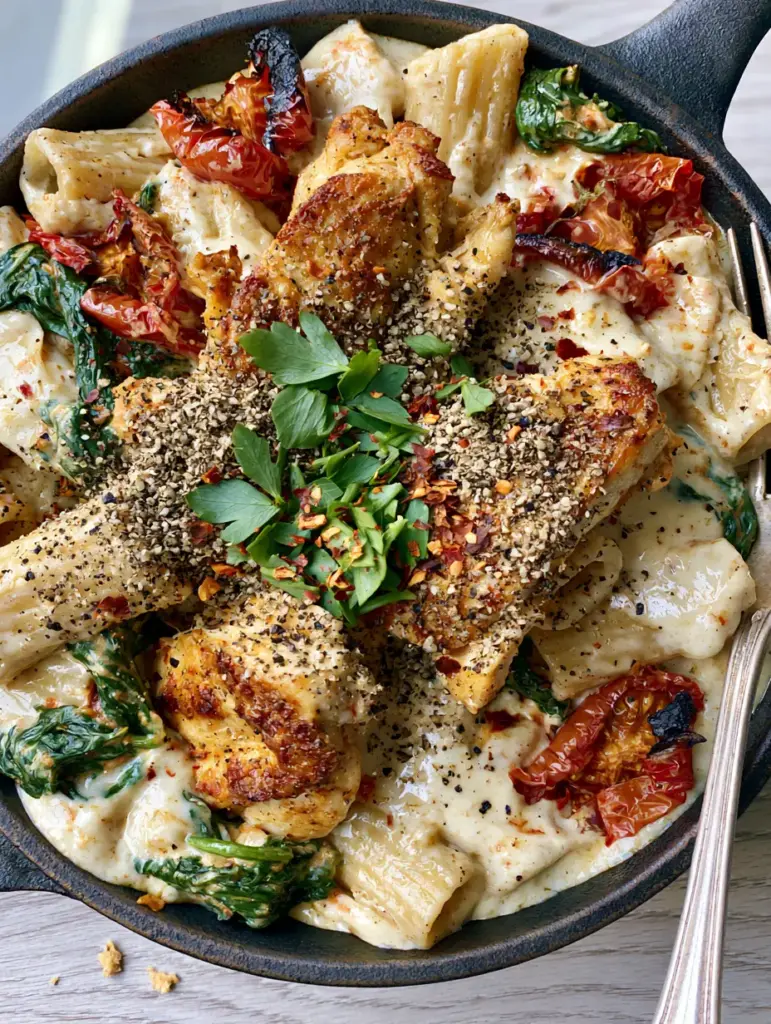 Easy Dinner Ideas: Creamy Tuscan Garlic Chicken Rigatoni with Blistered Tomatoes 1 Close-up of al dente rigatoni coated in parmesan sauce with charred cherry tomatoes and fresh parsley.