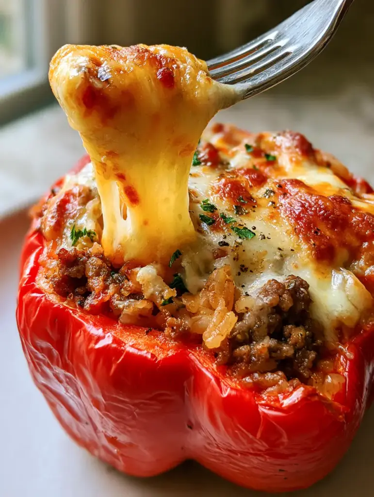 Close-up of melted mozzarella cheese with golden-brown spots on top of a savory stuffed pepper. (stuffed peppers recipe)