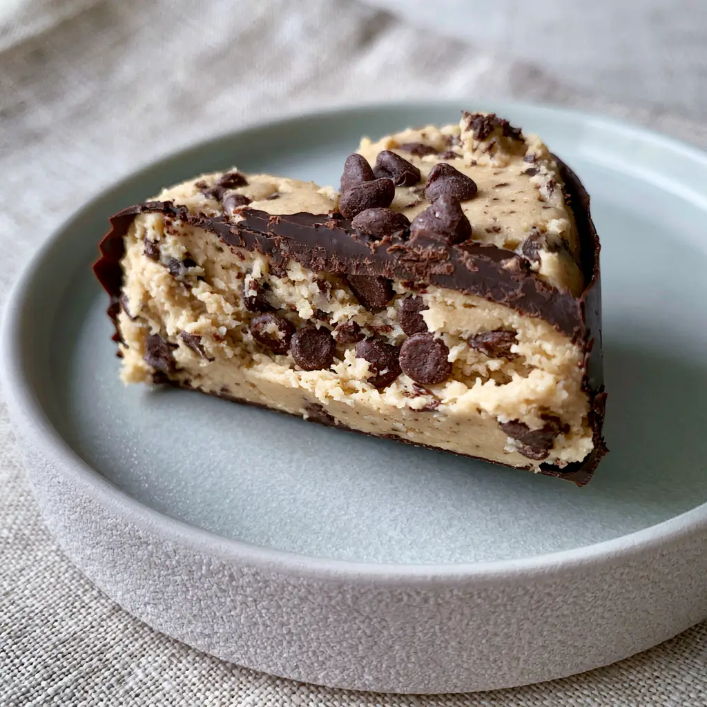 Chocolate Covered Cookie Dough Hearts: The Ultimate No-Bake Dessert 1 A heart-shaped chocolate-covered cookie dough bite on a textured gray ceramic dish under natural lighting.