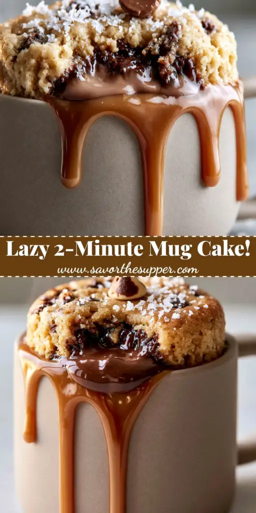 A close-up of a decadent chocolate chip cookie mug cake with a molten center and caramel drizzle, perfect for microwave mug snacks.