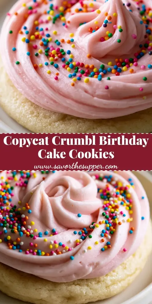 Birthday Cake Cookies with Thick Pink Cream Cheese Frosting 4 A close-up shot of a thick, soft-baked sugar cookie with a large swirl of pastel pink cream cheese frosting and rainbow sprinkles. (birthday cake cookies)