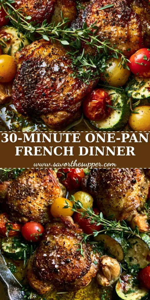 A top-down shot of a black cast iron skillet containing crispy chicken thighs, blistered red and yellow tomatoes, and charred zucchini. (Provençal recipes)