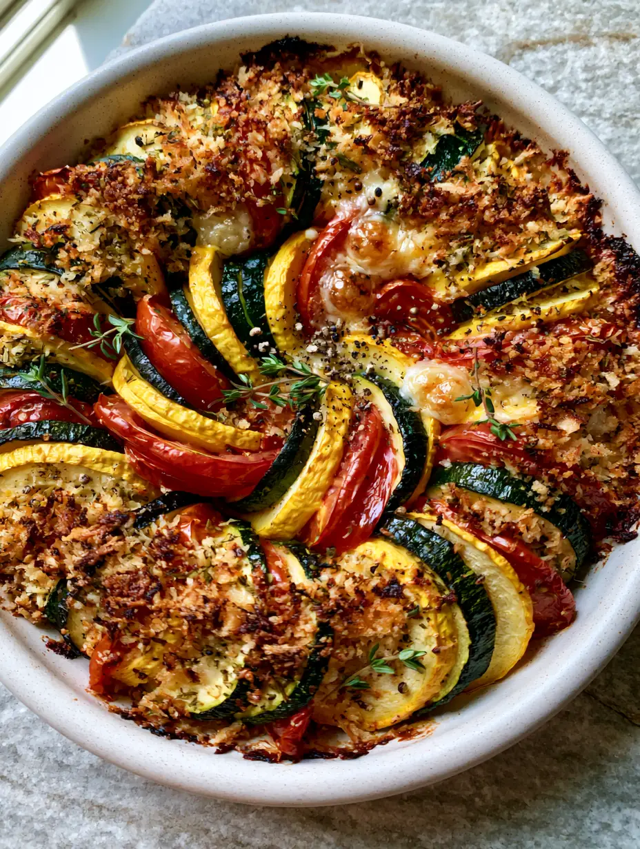 Overhead view of a Provencal Summer vegetable gratin with alternating slices of zucchini and squash in a matte white dish.