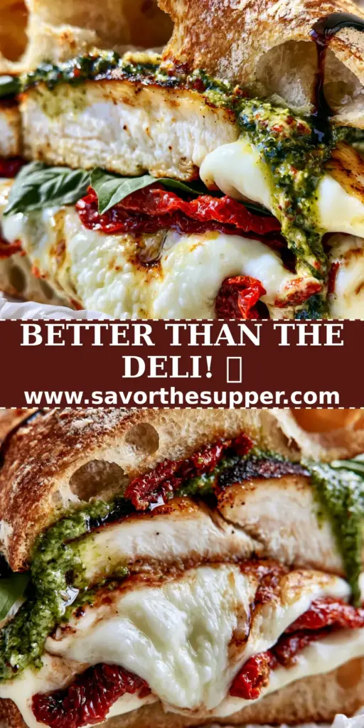 A close-up of a sliced gourmet ciabatta sandwich with seared chicken, melted mozzarella, and dripping basil pesto on parchment paper.