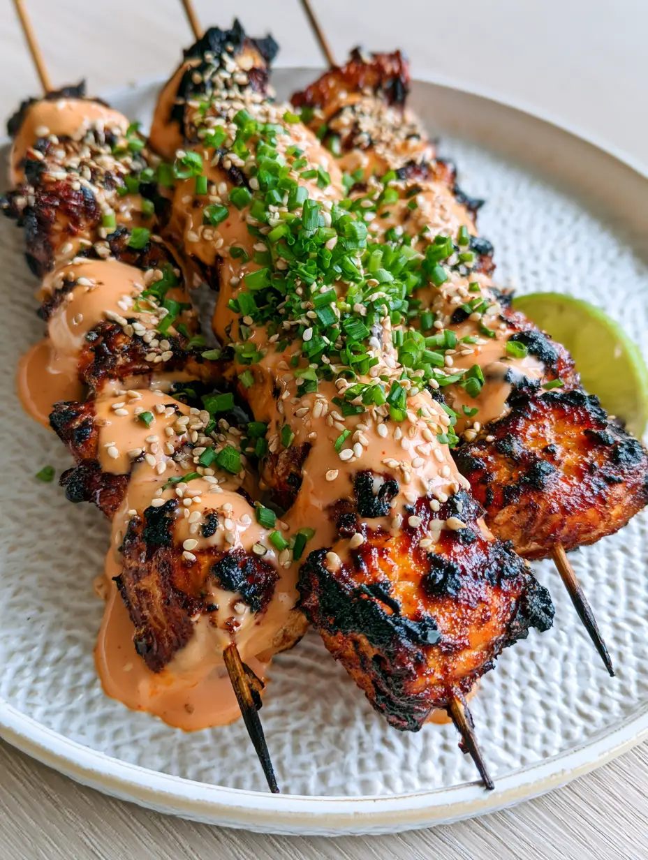 A handheld photo of charred Bang Bang Chicken Skewers drizzled with creamy sriracha sauce. (Bang Bang Chicken Skewers)