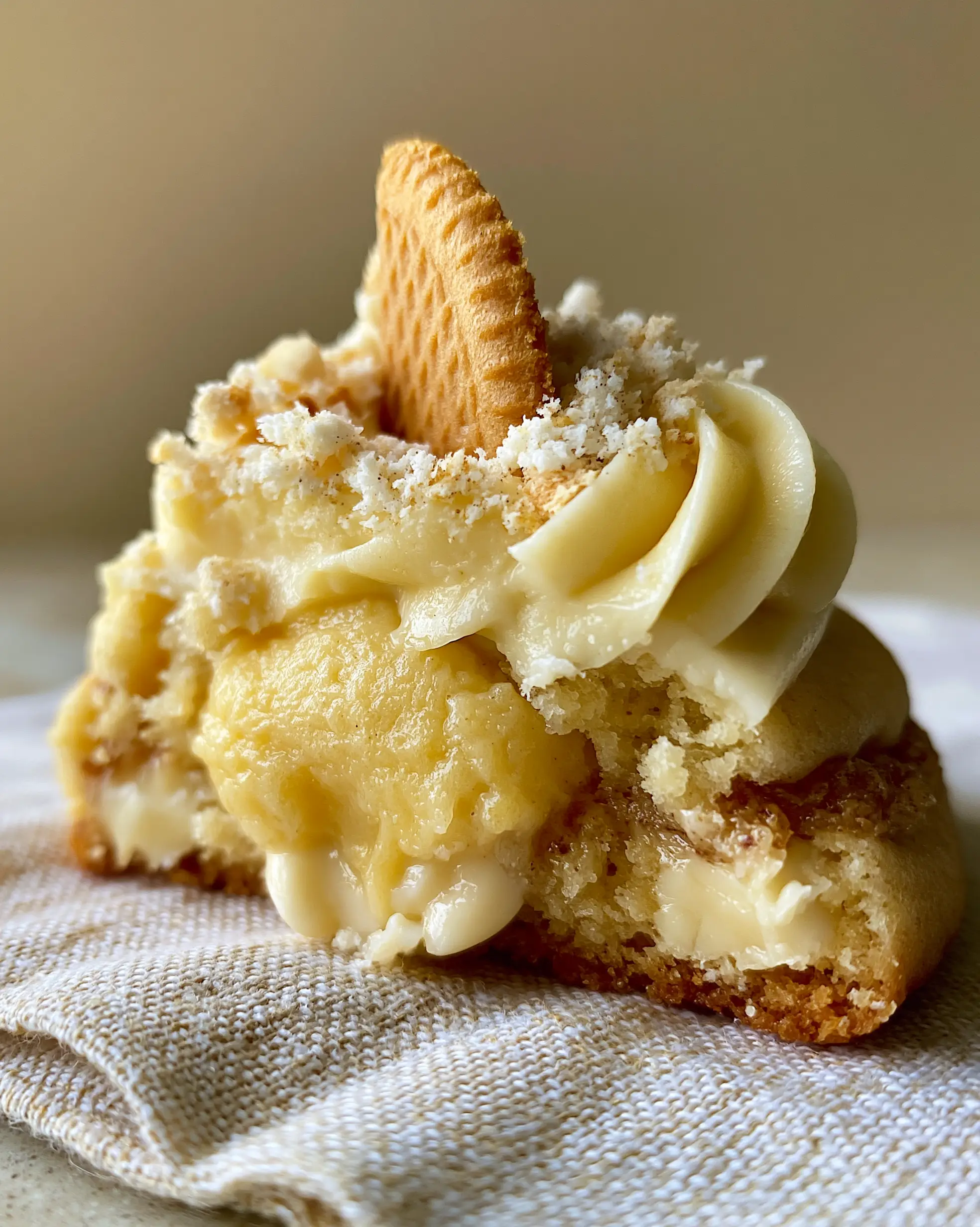 Banana Pudding Cookies: The Ultimate Thick and Soft-Baked Gourmet Recipe 3 A close-up of a broken banana pudding cookie showing the moist, gooey golden-yellow center and melted white chocolate chips. (banana pudding cookies)