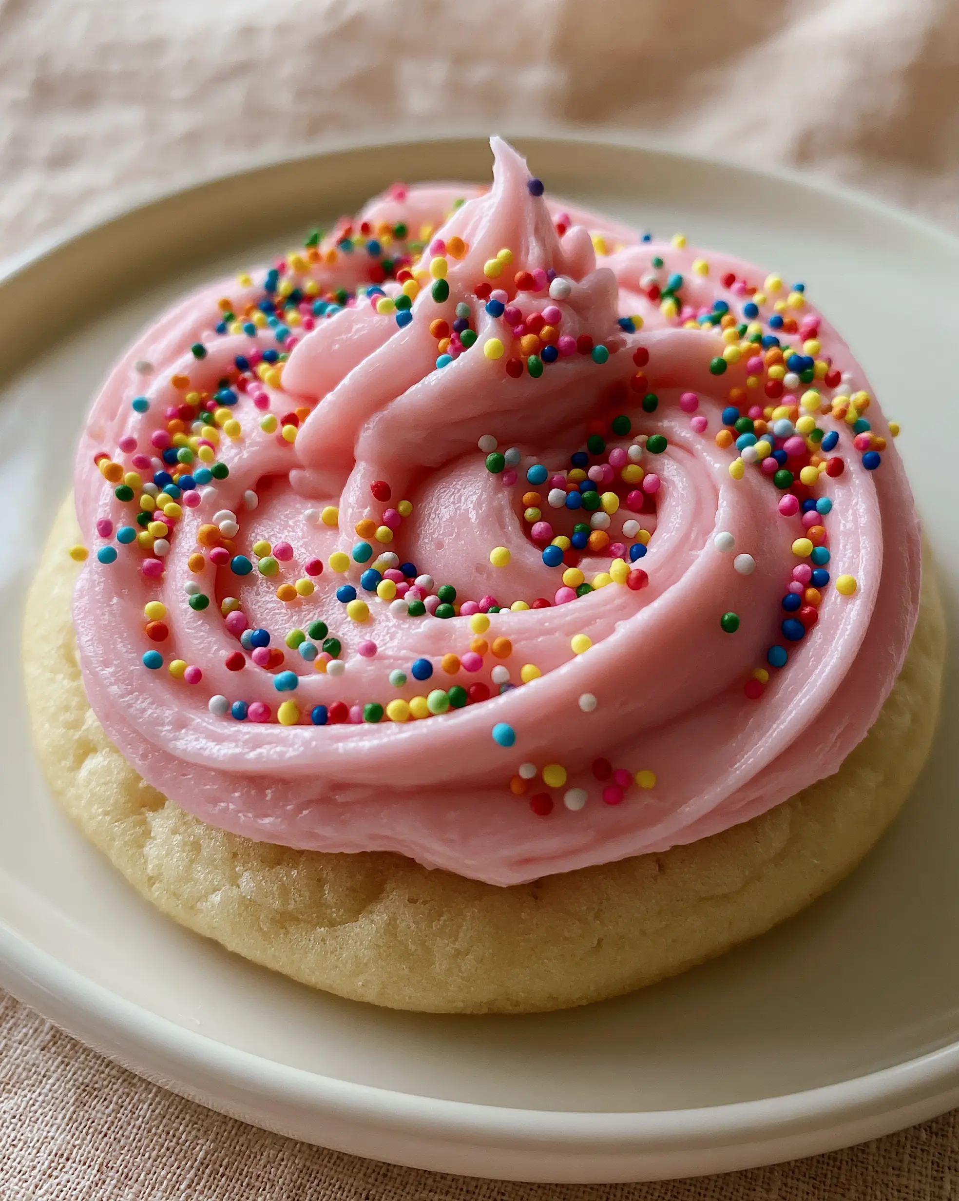 Birthday Cake Cookies with Thick Pink Cream Cheese Frosting 3 Extreme close-up of a giant, thick sugar cookie with luscious pastel pink frosting and rainbow nonpareils. (birthday cake cookies)