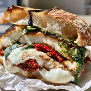 Extreme close-up of toasted ciabatta bread showing large air pockets, flour dusting, and seared chicken breast layers. (ciabatta sandwich)