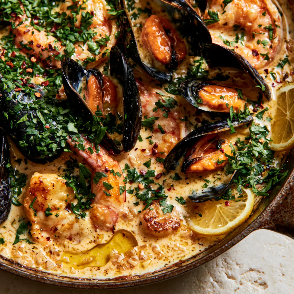 Handheld shot of a cast iron skillet with seafood feast, showing orange mussel meat and lemon slices. (Shrimp and Mussels in Creamy Garlic Sauce)