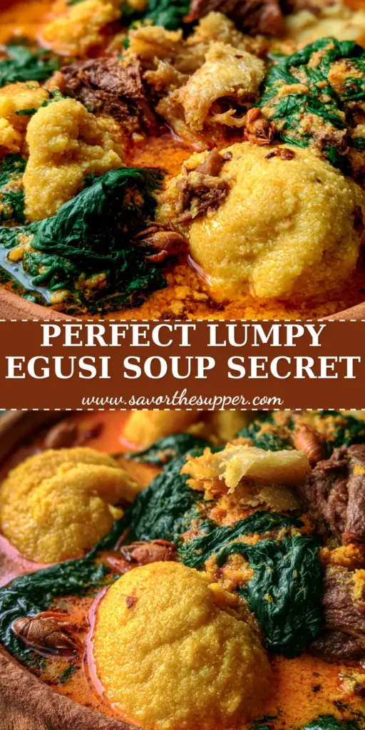 Egusi Soup Recipe: The Secret to Perfectly Steamed Melon Lumps 4 Close-up of authentic Nigerian Lumpy Egusi Soup in a clay pot with large melon lumps and spinach. (Egusi Soup Recipe)