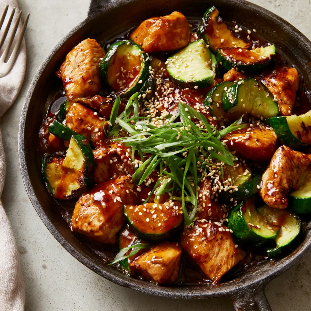 A sizzling cast iron skillet of Chicken Zucchini Stir Fry on a neutral gray countertop with a linen napkin.