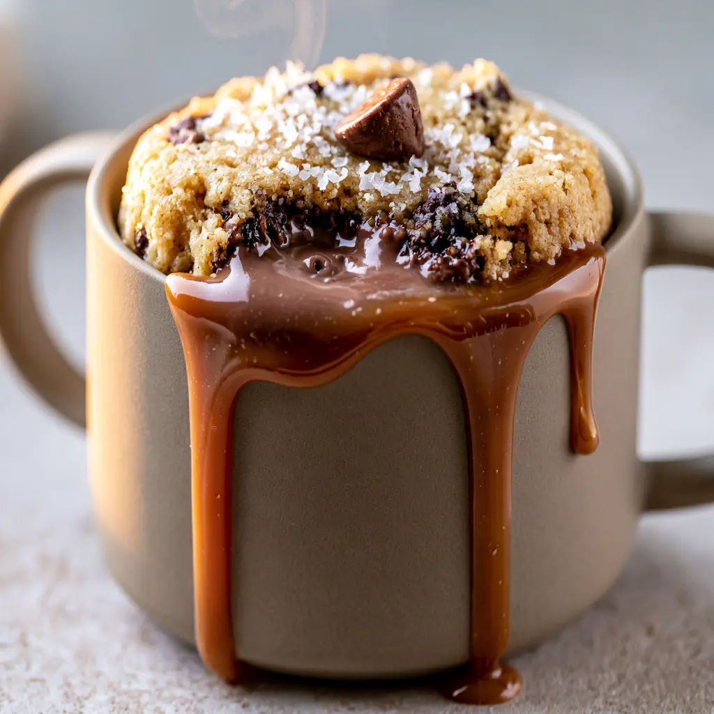 Glossy caramel drizzle running down a ceramic mug containing a chocolate chip cookie snack.
