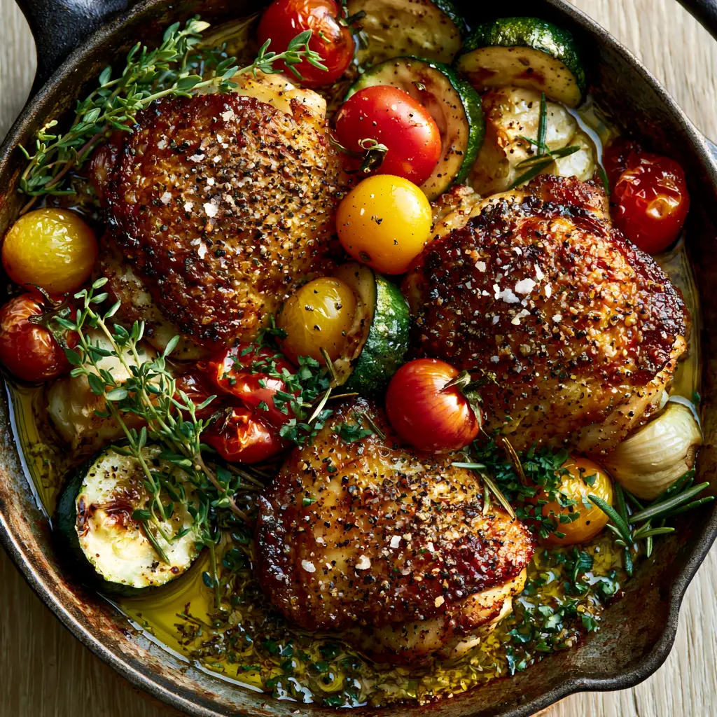 Detailed view of blistered cherry tomatoes, roasted garlic cloves, and fresh thyme sprigs in olive oil. (Provençal recipes)