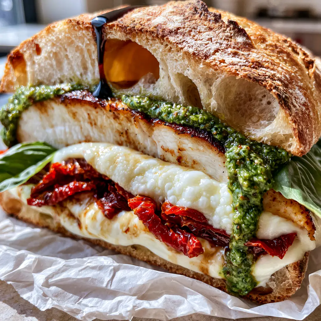 Detailed view of melted mozzarella, sun-dried tomatoes, and basil pesto dripping from a sliced ciabatta sandwich.