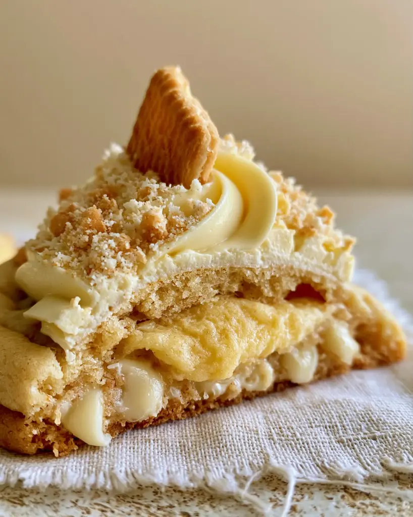 Banana Pudding Cookies: The Ultimate Thick and Soft-Baked Gourmet Recipe 1 Eye-level view of a thick banana pudding cookie with a pale yellow frosting swirl and crushed vanilla wafer crumbs.