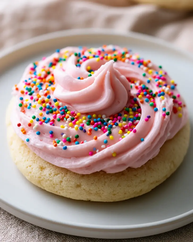 Birthday Cake Cookies with Thick Pink Cream Cheese Frosting 1 A close-up view of the thick swoops of pink cream cheese frosting on a birthday cake cookie.