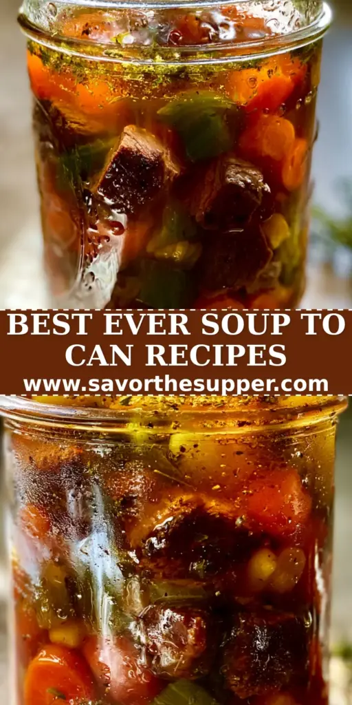 A vertical shot of a rustic Mason jar filled with chunky beef and vegetable soup, featuring seared beef and amber broth. (soup to can recipes)
