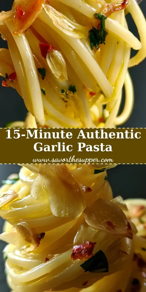 A tall, elegant twirl of Spaghetti Aglio e Olio on a fork, glistening with olive oil and topped with golden garlic slivers and red pepper flakes.