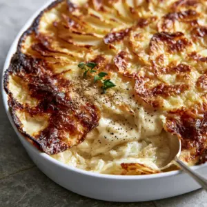 Macro view of scalloped potato layers and bubbling Gruyere cheese. (French side dishes)