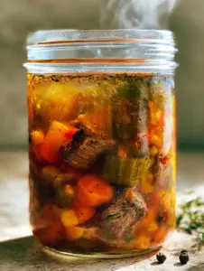 Close-up of translucent amber soup broth with glossy herb oil droplets and seared beef in a glass jar. (soup to can recipes)