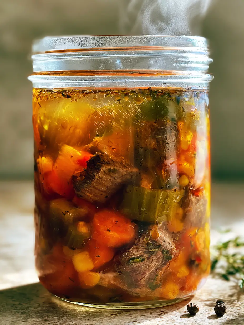 Close-up of translucent amber soup broth with glossy herb oil droplets and seared beef in a glass jar. (soup to can recipes)