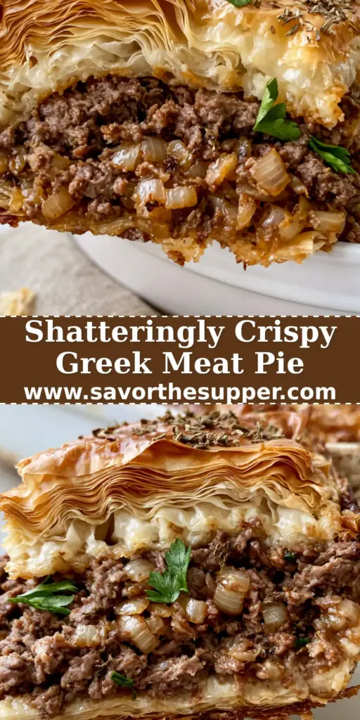 A thick slice of Greek Meat Pie showing crispy phyllo layers and juicy beef filling on a rustic white dish. (Greek Meat Pie)