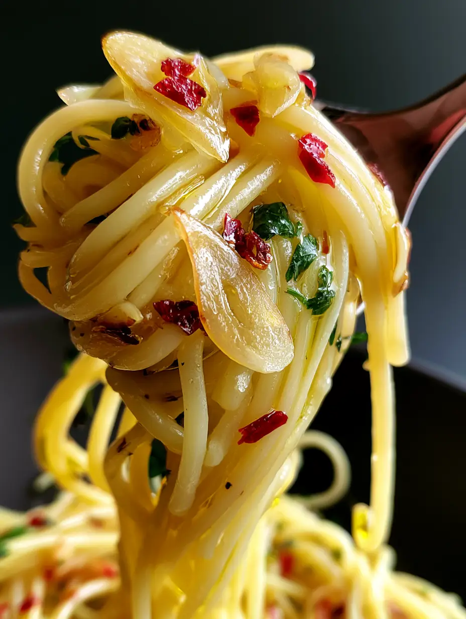 Extreme macro close-up of Spaghetti Aglio e Olio showing translucent garlic slivers, emerald parsley, and glistening olive oil highlights.