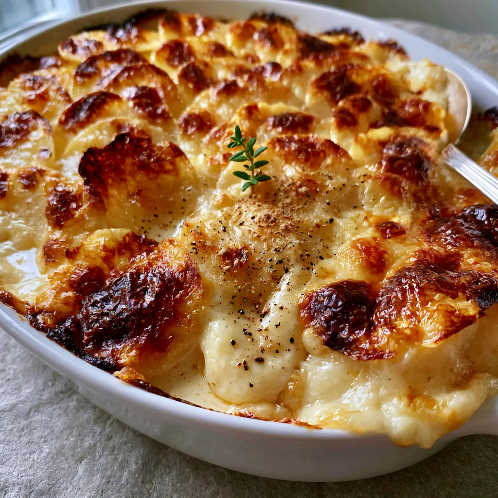 French side dishes: The Ultimate Authentic Gratin Dauphinois 1 A silver spoon lifting a portion of creamy Gratin Dauphinois showing steaming layers.