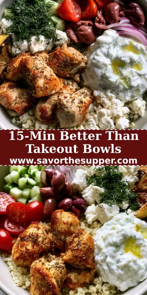 A gourmet Greek chicken meal prep bowl with seared chicken, lemon quinoa, and fresh vegetables. (Greek Recipes)