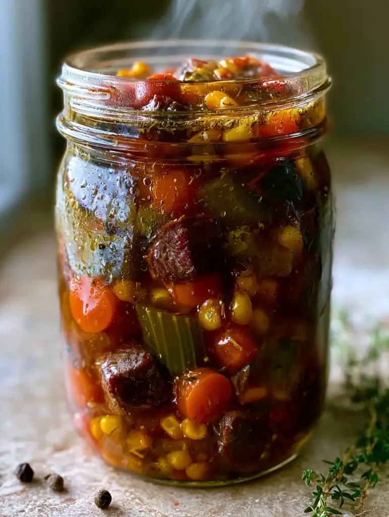 Mason jar of beef vegetable soup with visible orange carrots, green celery, and golden corn on a stone countertop.