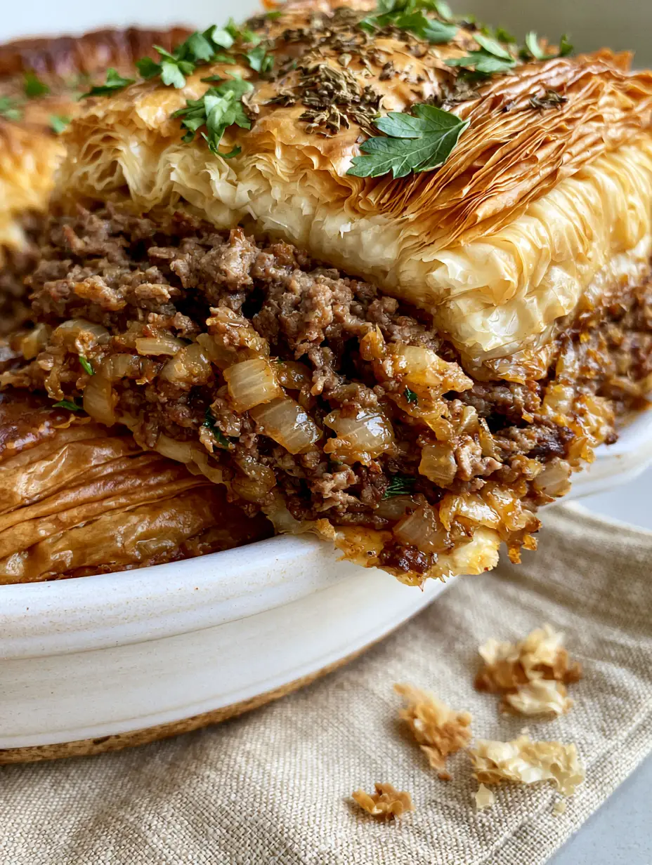Side profile of a Greek Meat Pie slice with visible parsley and oregano in the beef center. (Greek Meat Pie)