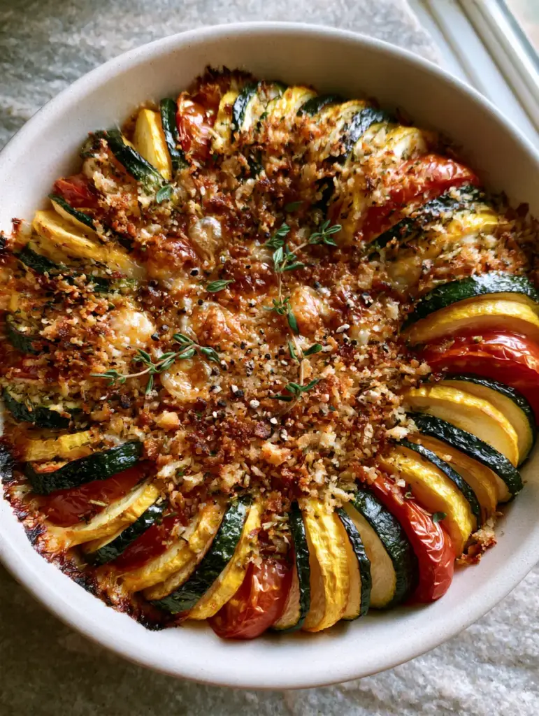 Close up of caramelized vegetable edges and a bubbly parmesan cheese crust on a Summer vegetable gratin.