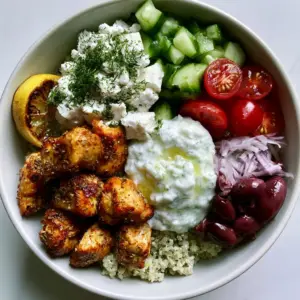 Close up of golden seared chicken chunks and fluffy quinoa in a white bowl. (Greek Recipes)